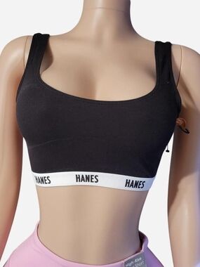 Hanes Black Cotton-Blend Sports Bralette with White Logo Band